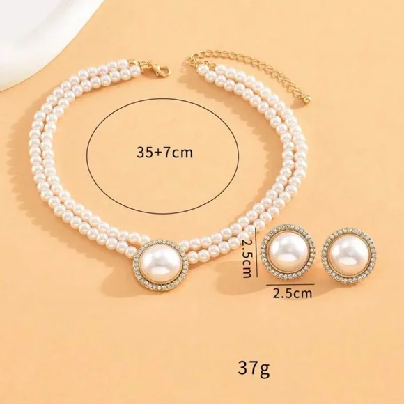 1pc Round Pearl Necklace And 1pair Geometric Round Pearl Earrings 2pcs Jewelry - Picture 3 of 3